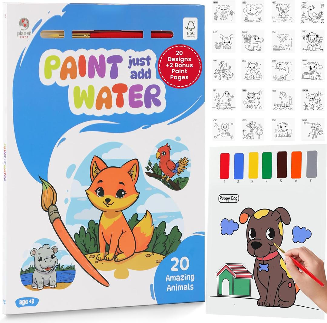 Planet First Paint Just Add Water Books for Kids Animals Watercolor Painting Book with Brush, Includes 20 Activity Pages & 2 Extra Paint Pages, Low-Mess Paint-by-Number Art for Ages 38