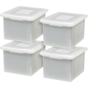 IRIS USA File Box, Plastic File Organizer with Lids for Letter/Legal File, Portable Document Box For Moving, Storage Bin with Durable and Secure Lid, Stackable Nestable BPA-Free, Pearl 35 Qt. 4 Pack