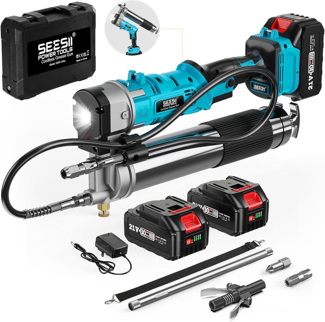 Seesii Innovative 2-in-1 Grease Gun: High-Efficiency 5.3 oz/min 12,000 PSI Electric Grease Gun Kit with 2 * 2.0AH Batteries and Charger, Easy-to-Use for Farmers, Equipment Operators & Owners