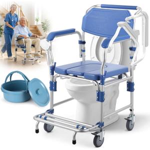 Bedside Commode Wheelchair with Drop Arms & Lockable Casters, Waterproof Aluminum Shower Chair, Anti-Tilt Foldable Footrest, Sponge Padded Seat, 330lbs Weight Capacity, 3 in 1 Bedside Commode Chair