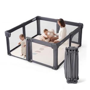 Baby Playpen Portable, Pre-Assembled Play Pen 59x59 Large Foldable Playpen for Babies and Toddlers, Sturdy and Safe Toddler Play Yard Indoor Outdoor with Carry Bag,Dark Grey