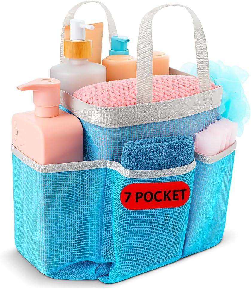 Handy Laundry Mesh Shower Caddy Bag - Collapsible, Portable Bathroom Organizer for Travel, Gym, and Dorm Use - Easily Carry & Organize College Dorm, Bathroom Toiletry Essentials - 7 Pockets (Blue)