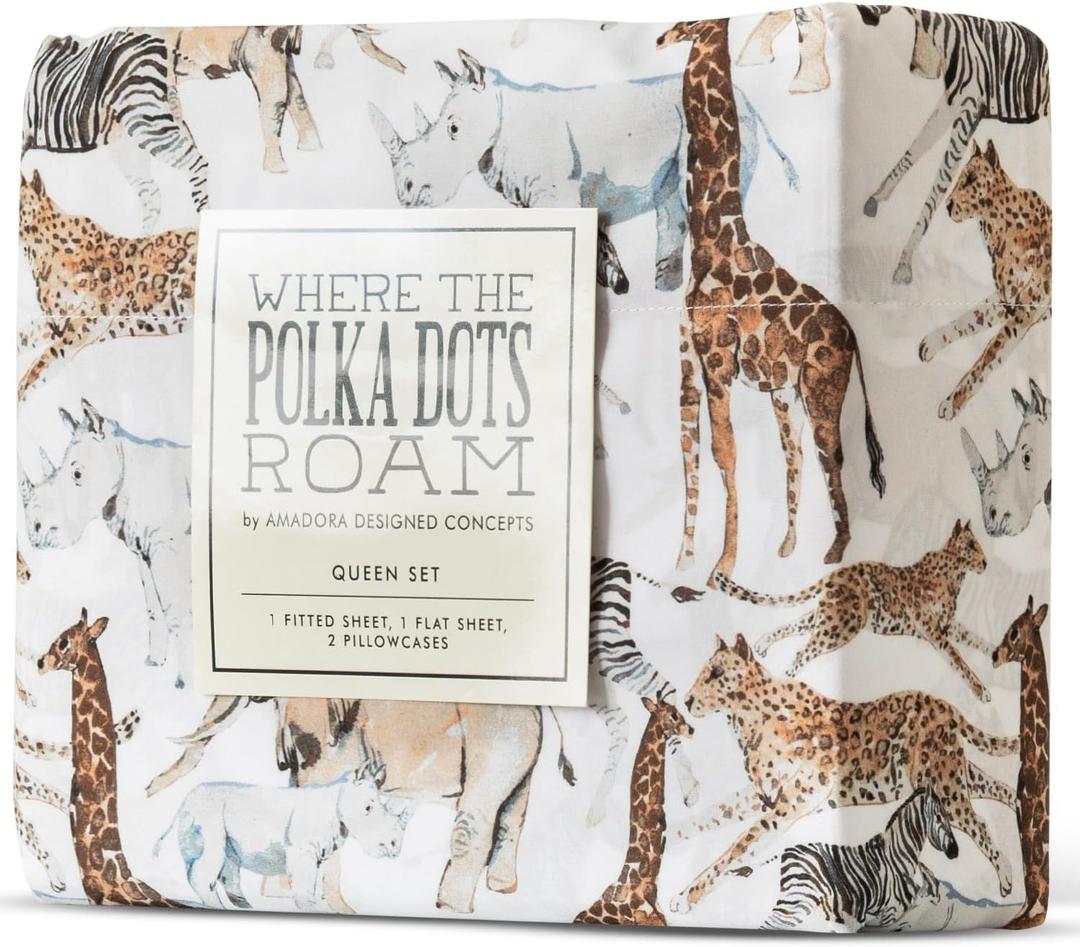 Where The Polka Dots Roam Safari Animals Queen Bedsheet Set for Kids - Jungle Adventure Bedding for Explorers, Includes Fitted Sheet, Flat Sheet and Pillowcases - Wildlife Wonders Decor for Boys Room