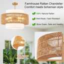 23.6" Rattan Light Fixtures Ceiling Mount, 6-Light Boho Flush Mount Ceiling Light with Fabric Lampshade, Hand Woven Rattan Chandelier for Dining Room Living Room Bedroom Kitchen Island Farmhouse Foyer