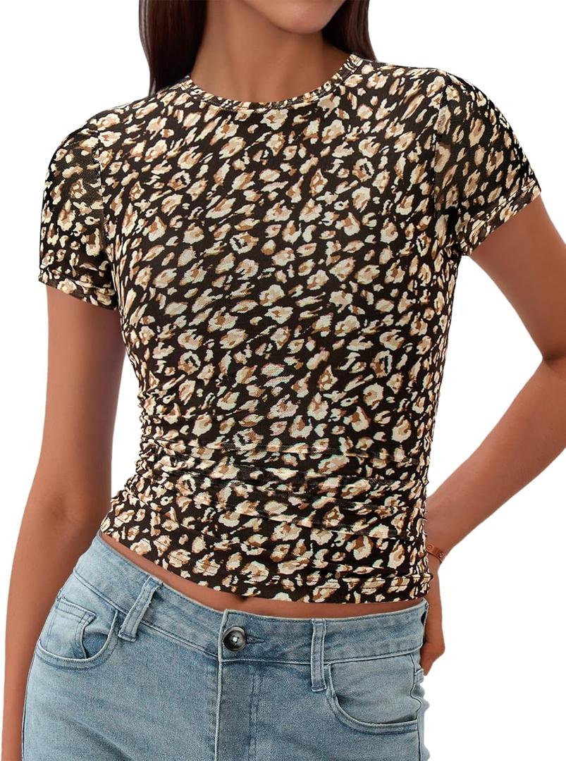 2 x BTFBM Womens Sheer Mesh Summer Tops 2025 Crewneck Short Sleeve Print Ruched Crop Top Slim Fit Club Going Out T Shirts (L)