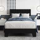 Twin Size Bed Frame, Velvet Upholstered Platform Bed with Adjustable Tufted Headboard, Sturdy Frame and Slats, Noiseless, No Box Spring Required, Easy to Assemble, Black