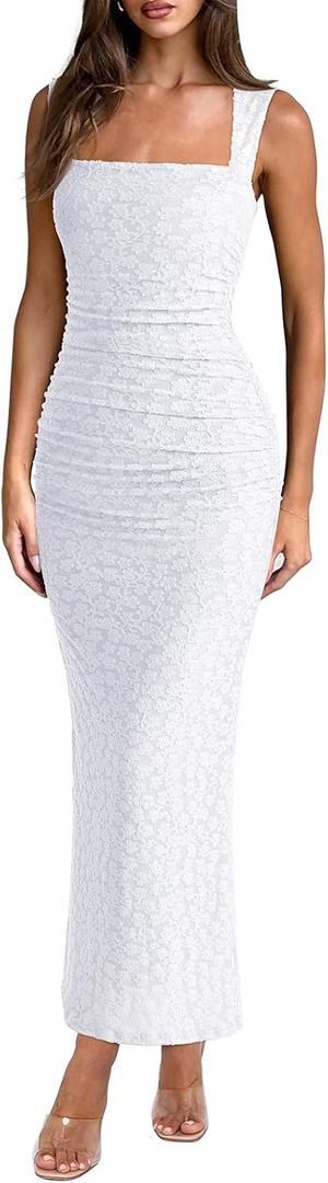 REORIA Summer Wedding Guest Maxi Dresses for Women Sleeveless Square Neck Sheer Mesh Ruched Bodycon Long Dress Trendy Clothes (White, S)