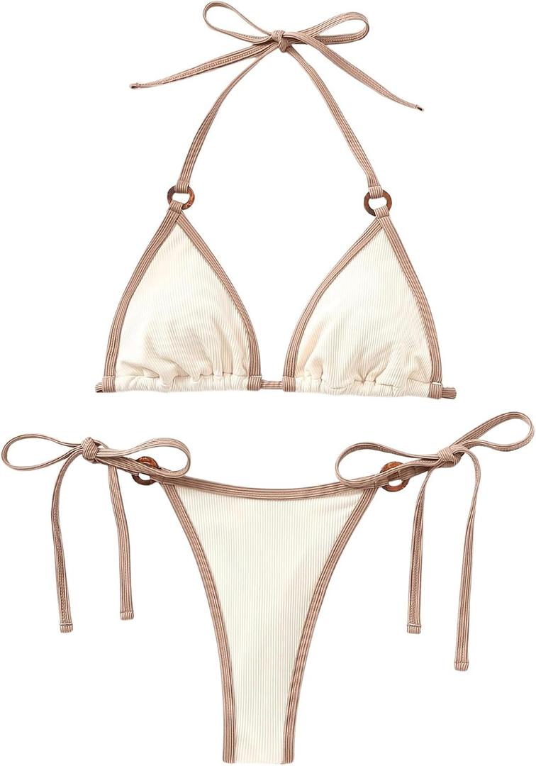 WDIRARA Women's 2 Piece Swimsuit Contrast Trim Halter Triangle Bikini Set Knitted Tie Side Bathing Suit (Beige, M)