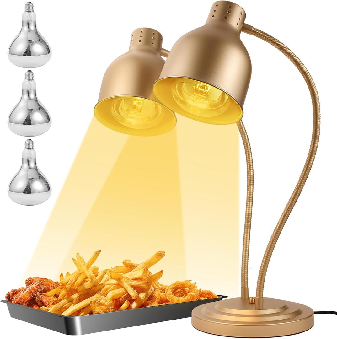 Food Heat Lamp, Heating Lamp with Flexible Arm, 250W Bulb x 3-5000 Hours Rated, Commercial Food Warmers for Buffet, Parties, Fast Food, (Brass)
