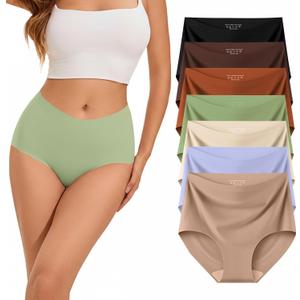 Womens Underwear High Waist Tagless 7 Pack Panties Seamless Full Coverage Briefs Silky Stretch, Green/Orange/Marron/Nude/Coffee Brown/Purple/Black, XX-Large