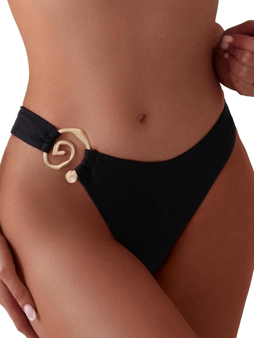 ZAFUL Women Cheeky Bikini Bottoms Wave Swimsuit Swim Briefs Bathing Basic Suit Bottom 8-Black S (Black, L)