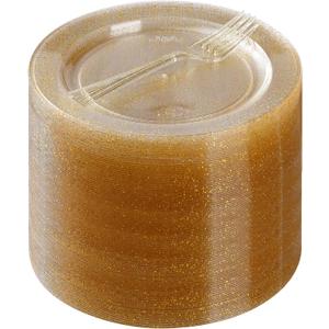 Goodluck 240 Plastic Dessert Plates 6.3" with Forks 5.7" for 120 Guests, Gold Glitter Disposable Plates, Heavy Duty Plastic Plates for Party, Appetizer Plate for Thanksgiving, Birthday and Christmas