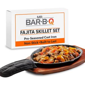 Mr. Bar-B-Q Cast Iron Fajita Skillets Set, Pre-Seasoned Non-Stick Sizzling Plate, Wooden Base w/Cloth Handle, Sizzler Steak Plate, Cast Iron Skillets for Diners, Bar, Restaurants, Caterings & Parties