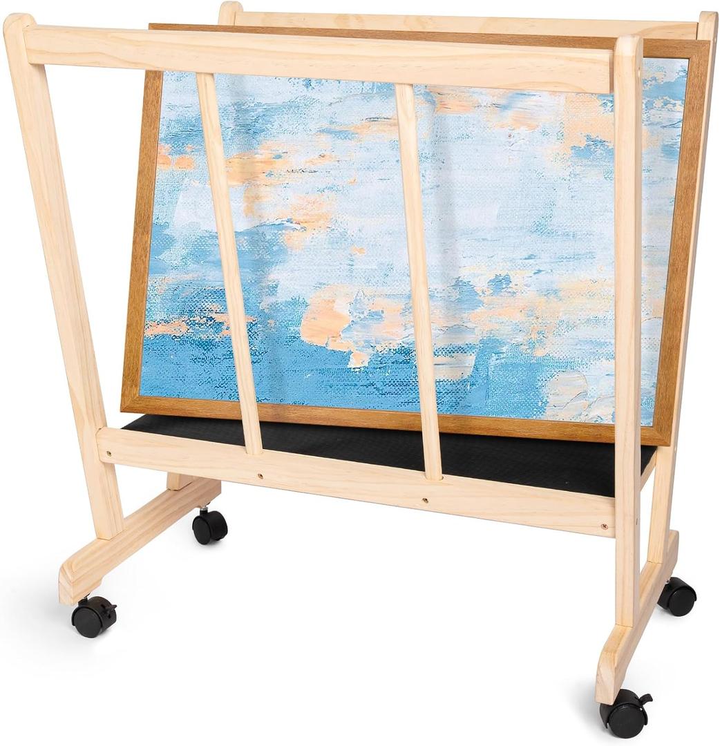 GENMOUS Wood Large Print Rack with Castors - Artist Display and Storage Rack,Natural Wooden Storage & Crafts Drying Racks for Canvas,Artwork,Prints,Panels,Posters,Art Shows & Galleries Display Stands, Wood-1Layer