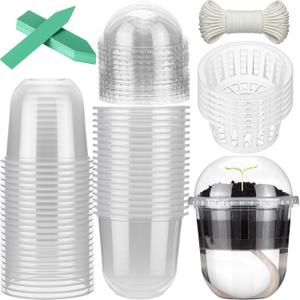 50 Pcs 3.7 Inches Clear Hydroponic Pots Kit Includes Self Watering Nursery Cups with Humidity Domes, Grow Baskets & Absorbing Wicks Reusable Seed Pots for Indoor Plants Herbs Seedling