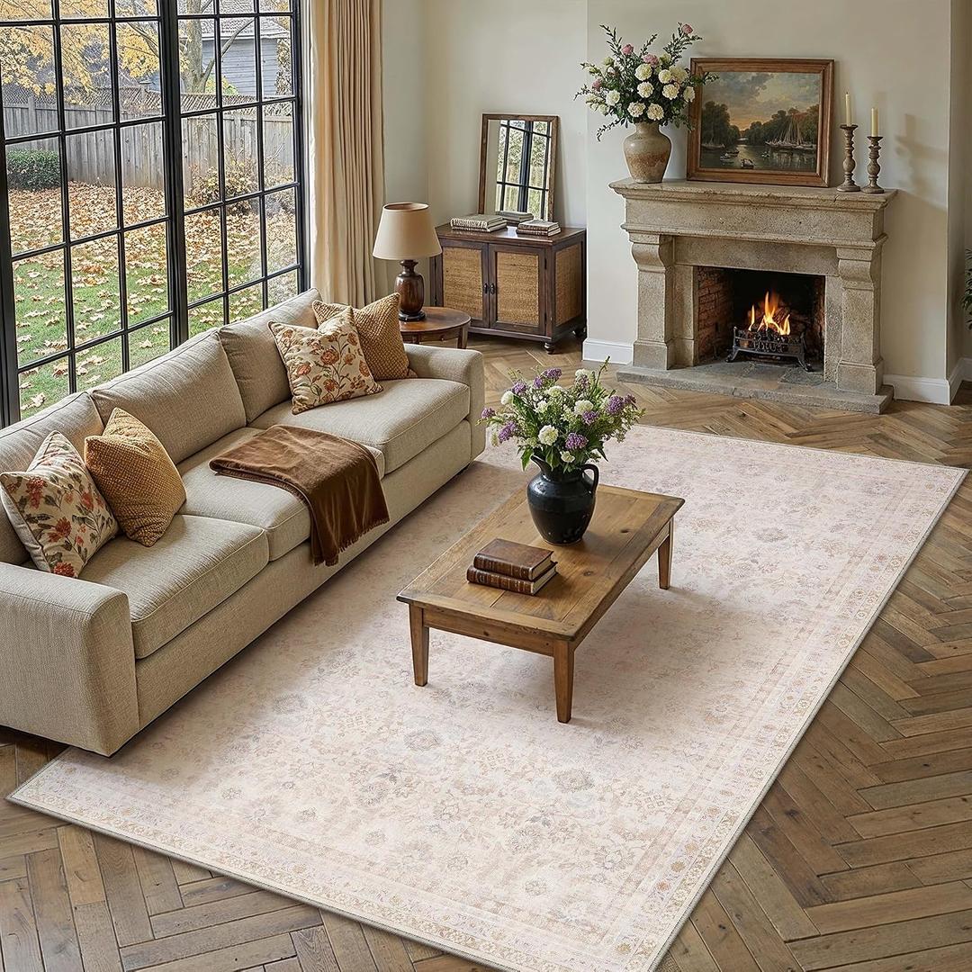6x9 Washable Neutral Area Rug Living Room Beige Floral Non Slip Low Pile Throw Rug Modern Traditional Stain Resistant Carpet Bedroom Kitchen Dining Room Office Playroom