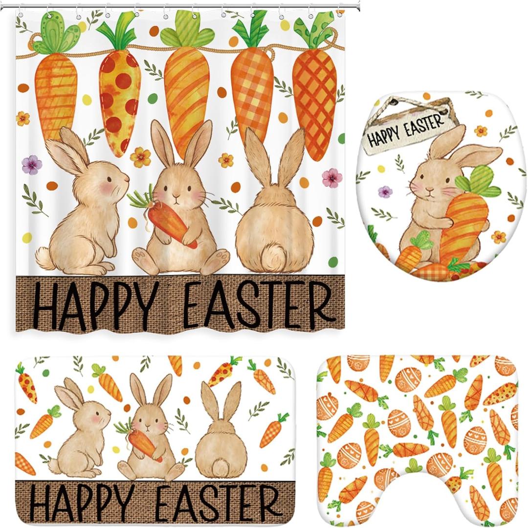Moukeren 4 Pcs Happy Easter Shower Curtain Set Bunny Carrot Easter Shower Curtain for Bathroom Cute Bunny Bathtub Non Slip Rugs Toilet Lid Cover Bath Mat with 12 Hooks