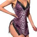 Avidlove Women's Lingerie Sexy Nightgown Milk Silk Sleepwear Lace Baby doll Chemise Side Slit Nightie with Thong (XX-Large, B-leopard-purple)