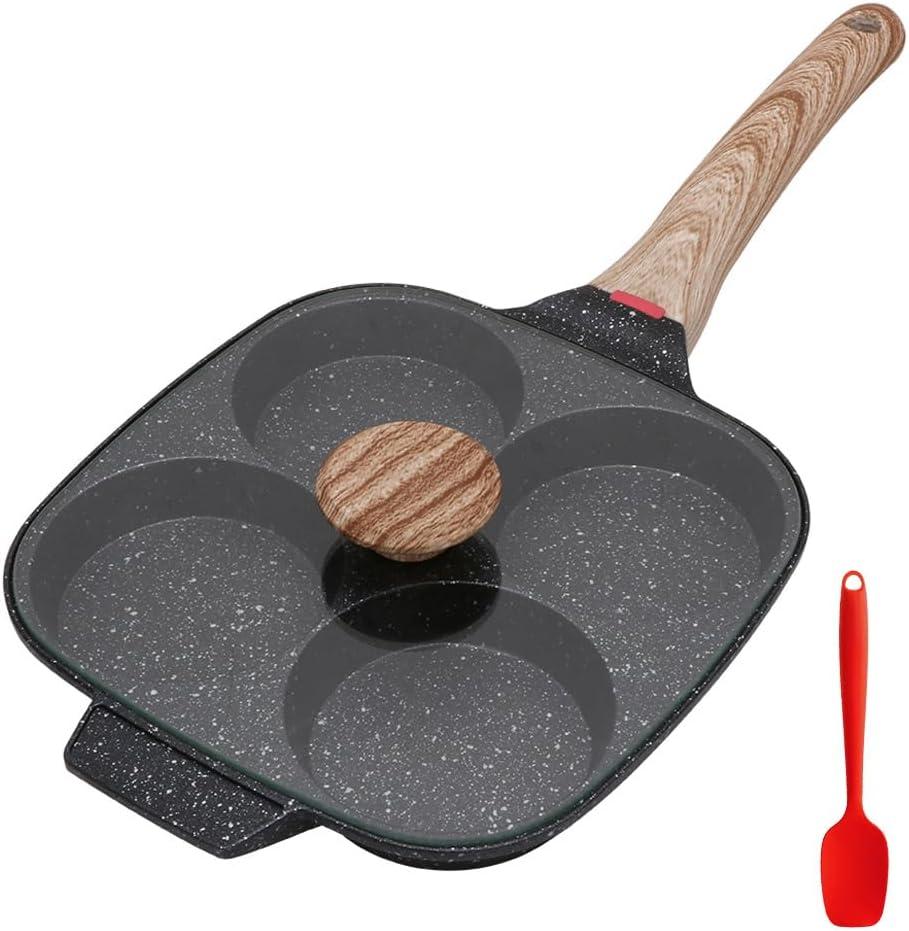 Fried Egg Pan, Egg Frying Pan with Lid Nonstick 4 Cups Pancake Pan Aluminium Alloy Cooker for Breakfast, Induction Compatible Black