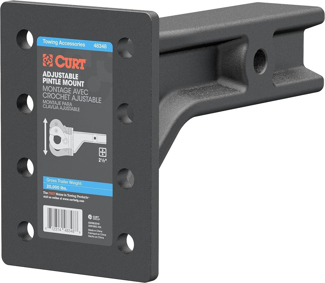 CURT 48348 Adjustable Pintle Mount for 2-1/2-Inch Hitch Receiver, 20,000 lbs., 7-1/4-Inch Height, 10-3/4-Inch Length