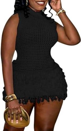 Tcremisa Women's Crochet Fringe Mini Dress Slim Fit Sleeveless Hollow Out Bodycon Short Knit Pullover Dresses Size M