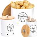 WUWEOT 3 Pack Vegetable Storage Tins, Round Metal Potato Onion Garlic Storage Bins, Farmhouse White Kitchen Canisters Vegetable Fresh Keeper Set with Bamboo Lids and Aerating Holes