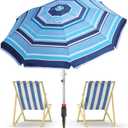 7ft Heavy Duty High Wind Beach Umbrella Parasols with sand anchor & Tilt Sun Shelter, UV 50+ Protection Outdoor Sunshade Umbrellas Carry Bag for Patio Garden Pool Backyard Stripe Blue