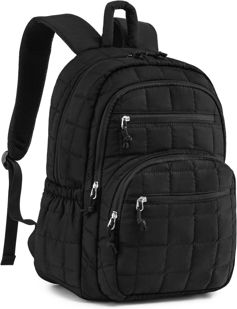 CLOKARS Bookbag for Women, Teen Girls Backpack for High School College Student, Puffer Quilted Back Pack Cute Laptop Backpack for Work Travel Mom Casual Daypack, Black (15.6in)