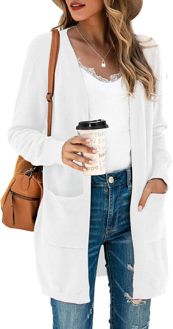 TASAMO Women's Kimono Cardigan Long Sleeve Open Front Casual Knit Sweaters Coat Oversized Soft Outwear with Pockets (White, M)
