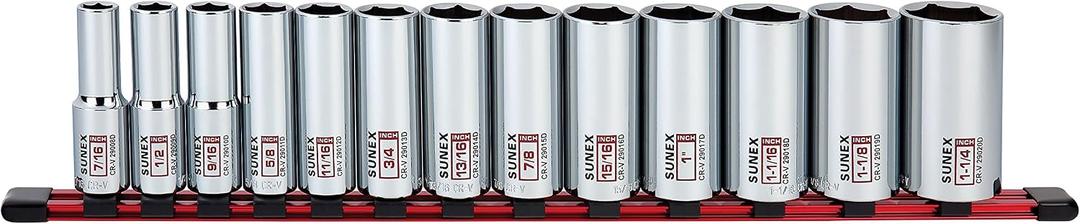 13Piece 1/2" Drive Chrome Socket Rail 6Pt SAE Deep