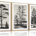 LHIUEM Large Vintage Sketch Tree Framed Wall Art Set,Antique Black and White Wall Decor,Nature Botanical Lake Artwork,Modern Wilderness Forest Art Prints for Living Room,Bedroom- 16"x24"x3