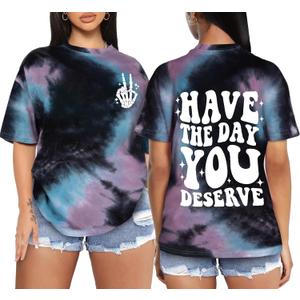 Tie Dye Shirt Women - Oversized Tie Dye T Shirt Short Sleeve Round Neck Casual Trendy Graphic Tee for Girls (You Deserve)