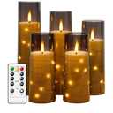Flameless LED Candles with Timer 5 Pc Flickering Flameless Candles for Romantic Ambiance and Home Decoration Stable Acrylic Shell,with Embedded Star String，Battery Operated Candles, Grey