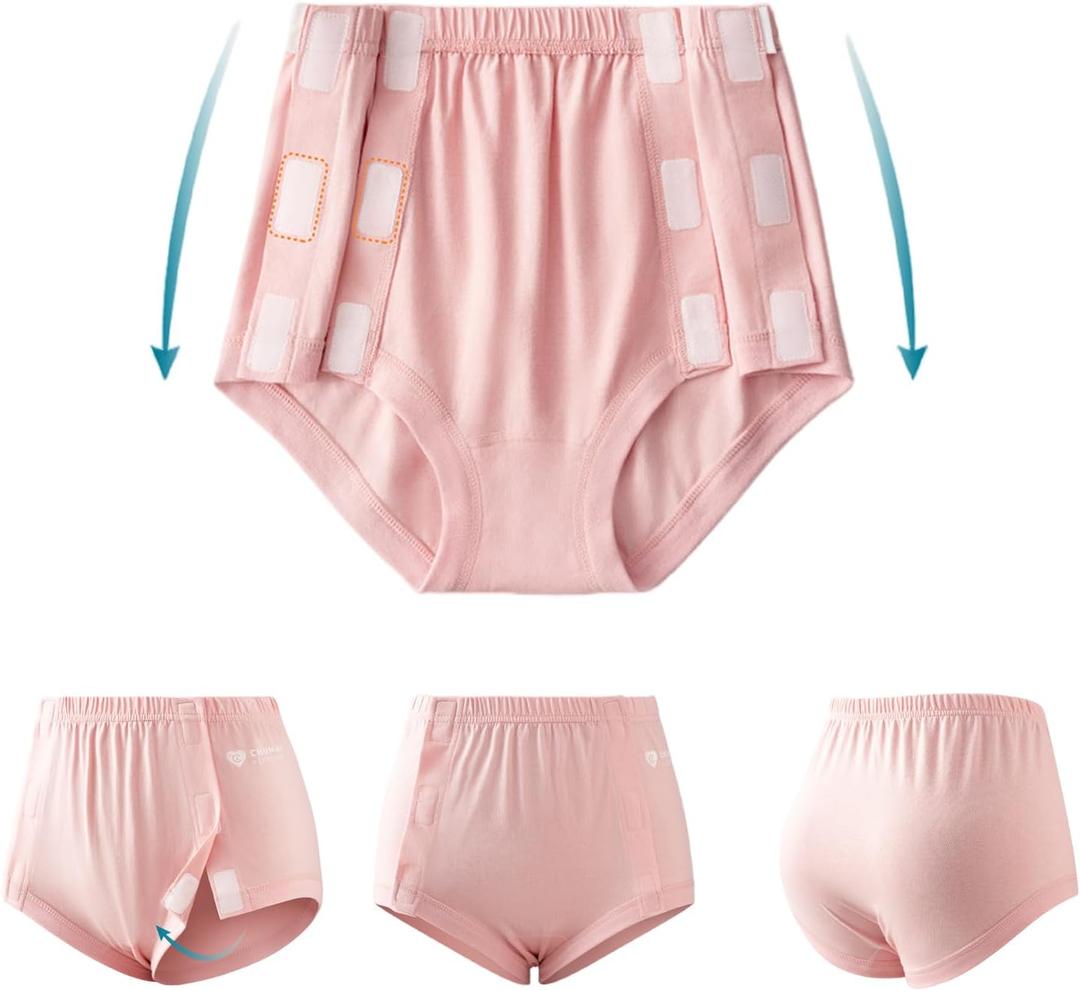 Post Surgery Tearaway Underwear for Women, Reusable Stick-On Briefs, Incontinence & Elderly Care, Hip Knee Surgery, Breathable Cotton Pink L