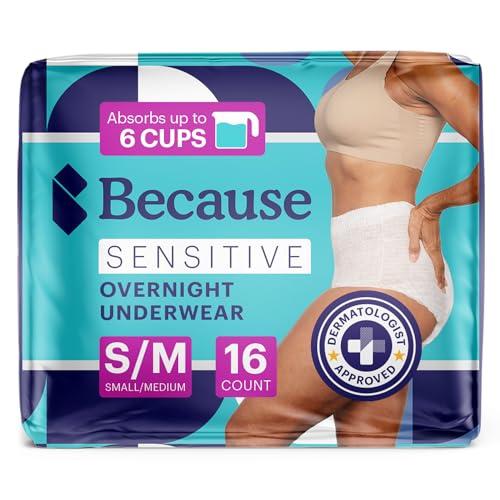 Because Adult Incontinence Underwear for Sensitive Skin - Women - Premium Overnight Disposable Briefs, Anti Odor - White, Small/Medium - Absorbs 6 Cups - 16 Count (Pack of 1)