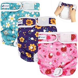 Pet Soft Washable Female Diapers (3 Pack) Female Dog Diapers, Comfort Reusable Doggy Diaper for Girl Dog in Period Heat (Cute Flower, L)