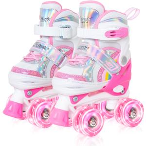 Nattork Girls Roller Skates for Kids, 4 Size Adjustable Rainbow Quad Skates with All Light Up Wheels - Best Birthday Gift for Outdoor Sports (Medium(1-4), PeachPink)
