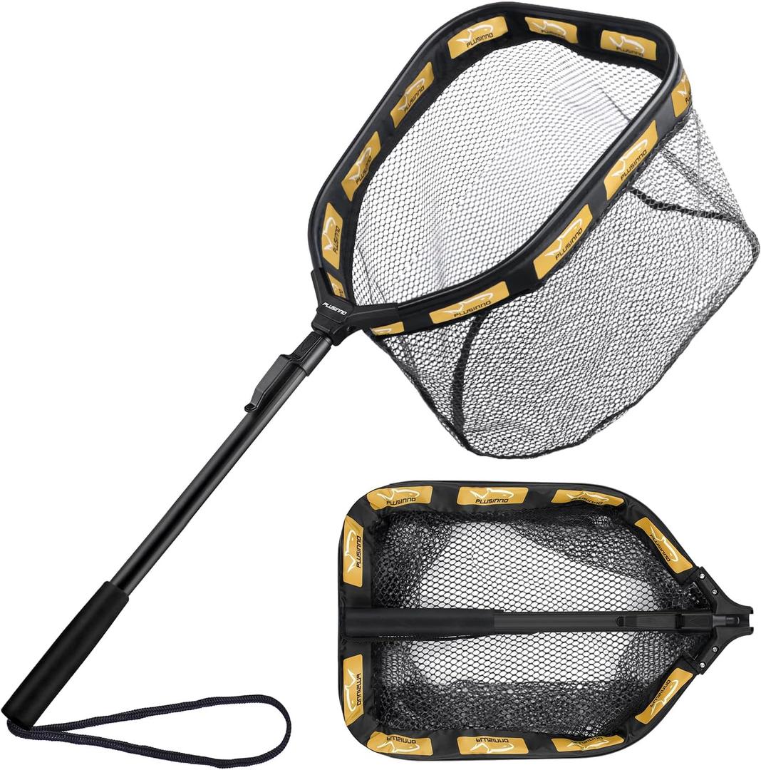 PLUSINNO Floating Fishing Net for Steelhead, Salmon, Fly, Kayak, Catfish, Bass, Trout Fishing, Rubber Coated Foldable Landing Net with Fixed or Telescoping Pole Handle, Fishing Gear and Gifts for Men, Large