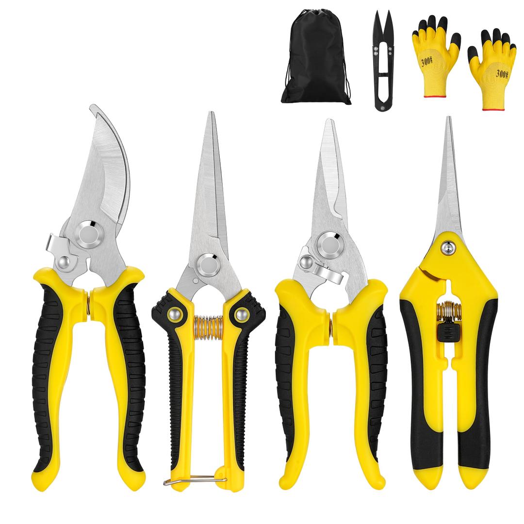 5 pack Garden Pruning Shears Stainless Steel Blades, Handheld Scissors Set with Gardening Gloves, Heavy Duty Garden Bypass Pruning Shears, Tree Trimmers Secateurs, Hand Pruner (Yellow and Black)