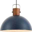 ELYONA 16 Large Ash Wood Pendant Light with Hammered Blue Metal & Brushed Brass Handle Large Pendant Light Fixtures Modern Dome Hanging Lamp for Kitchen Island, Dining Table, Bedroom, Hallway