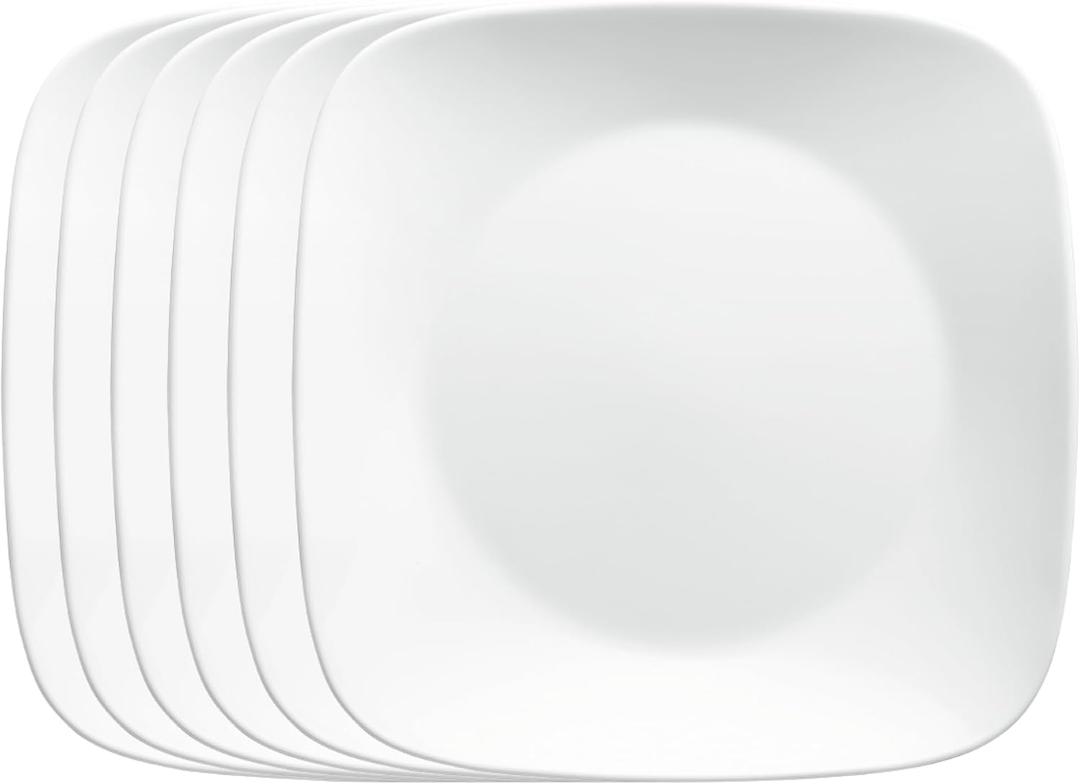 Corelle Vitrelle 6Piece Salad Plates Set, Triple Layer Glass and Chip Resistant, Lightweight Square 9Inch Plates, White