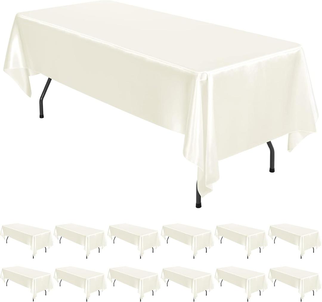 12 Pack Ivory Satin Tablecloth, 57 x 108 Inch Silky Satin Table Cloth, Rectangle Bright Silk Tablecloth Smooth Fabric Table Covers Overlay Silky Tables Decoration for Wedding Party Banquet Birthday
