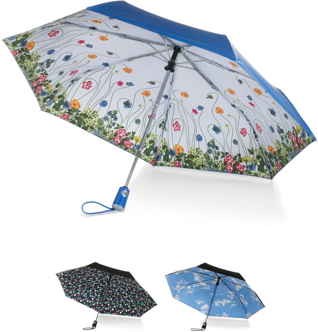 Totes Auto Open/Close Compact Umbrella with Printed Under Canopy (One Size, Floral)