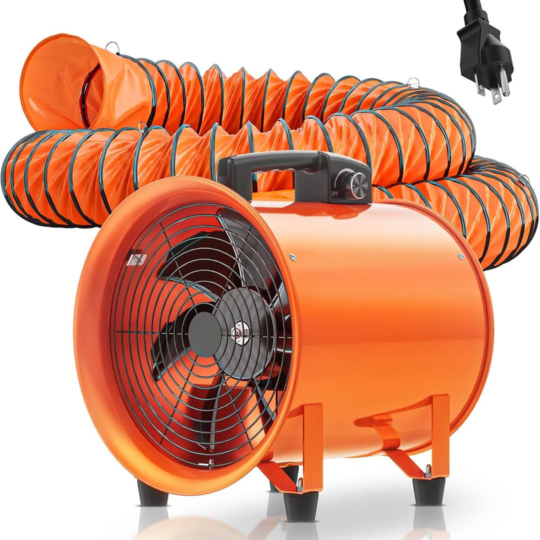 12 Inch Utility Blower Fan, 550W Portable Industrial Cylinder Axial Fan with 33Ft Duct Hose, 3243 CFM High-Velocity Air Extractor Fan Exhaust/Ventilation for Basement Workshop Warehouse Paint Booth