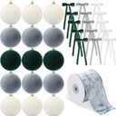 Syhood 46 Pcs Velvet Christmas Ornaments - 15 Pcs 3.15" Large Christmas Balls, 30 Flocked Bows, 1 Velvet Ribbon, Xmas Tree Hanging Decorations for Vintage Xmas Holiday Decor(Emerald/Grey/White)