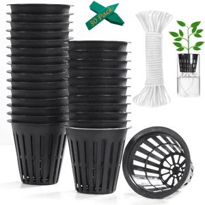 ORIMERC 2 inch Net Cups Pots 30 Pack with 30 feet Self Watering Wick & 30 Plant Labels for Hydroponics Aquaponics Planter Indoor Outdoor Growing Baskets Slotted Mesh UV Resistant & BPA Free (Black)