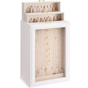 Huquary 3 Layer Vertical Necklace Holder Organizer Box 12.6" x 7.9" x 5", 30 Hooks PU Necklace Storage Box with Clear Lid Necklaces Display Case for Jewelry Organizer Storage Women Gift(White)