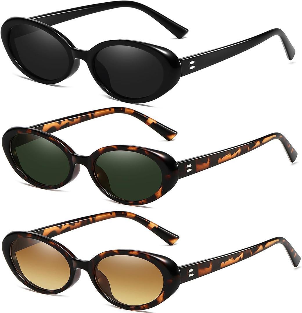 Retro Oval Sunglasses for Women Men Fashion Small Oval Sunglasses 90s Vintage Shades (3 Pack (Black/Grey+ G15+ Brown Gradient))