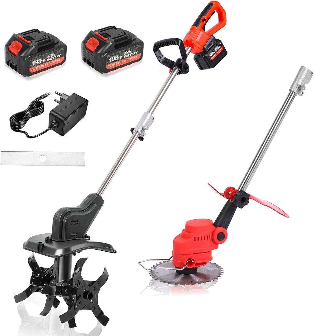 21V Cordless 2-in-1 Tiller & Weed Whacker Combo | 12"x9" Rototiller, 4x4 Blades & 8" Trimmer - 221v Battery, 360 RPM for Gardening, Garden Tiller, Electric Tiller, Cultivators for Gardening