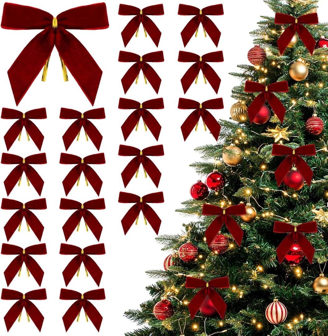 2 x 24pcs Velvet Bows for Christmas Tree - Red Bows for Christmas Tree for Garland Wreath Rustic Crafts Gift Indoor Outdoor Xmas Decorations